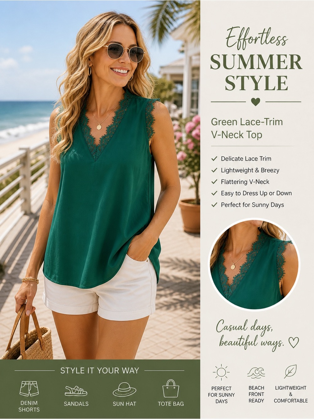 Women's Green Lace-Trim V-Neck Sleeveless Top size XL